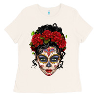 Bone mexican sugar skull messy bun woman Ladies Tee - LillyAllenDesigns