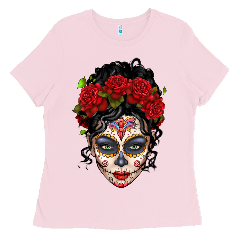 Mexican Sugar Skull Messy Bun Woman Ladies Tee by LillyAllenDesigns | Teevron