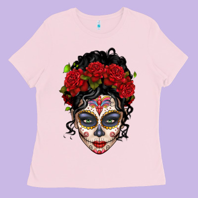 Mexican Sugar Skull Messy Bun Woman Ladies Tee Designed By Lillyallendesigns