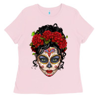Bubblegum Pink mexican sugar skull messy bun woman Ladies Tee - LillyAllenDesigns