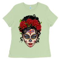 Matcha mexican sugar skull messy bun woman Ladies Tee - LillyAllenDesigns