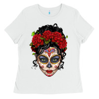 White mexican sugar skull messy bun woman Ladies Tee - LillyAllenDesigns
