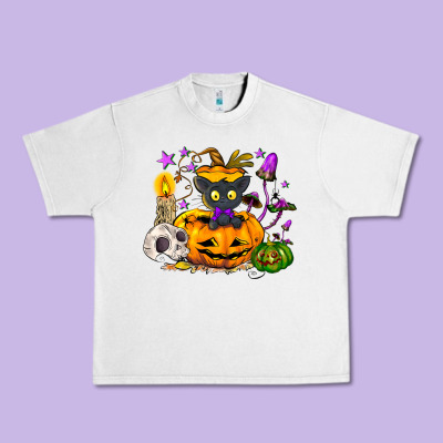Black Cat Pumpkin Urban Heavy Tee Designed By Nancycooperartshop