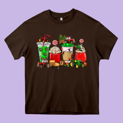 Christmas Tractor Coffee Cup Heavy Core Tee Designed By Nancycooperartshop