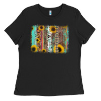 Black aztec leopard turquoise sunflower background Ladies Tee - RanaPortraitStore