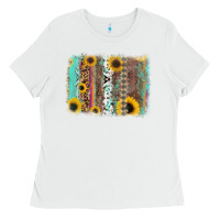 White aztec leopard turquoise sunflower background Ladies Tee - RanaPortraitStore