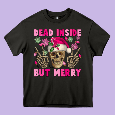 Dead Inside But Merry Pink Christmas Skeleton Heavy Core Tee Designed By Nancycooperartshop