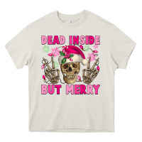 Cream Dead inside but merry pink Christmas skeleton Heavy Core Tee - NancyCooperArtShop