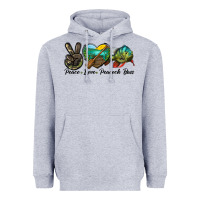Heather Grey Peace Love Peacock Bass Heavyweight Hoodie - LillyAllenDesigns
