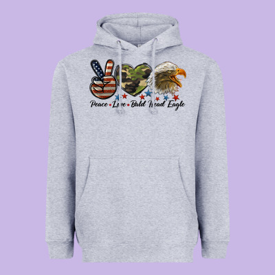 Peace Love Bald Head Eagle Heavyweight Hoodie Designed By Lillyallendesigns