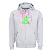 Heather Grey Merry Neon Christmas Zipper Hoodie - CowhideDigitalArt