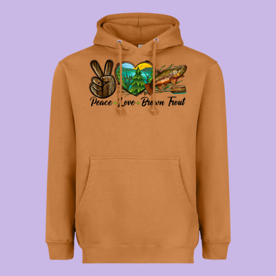 Peace Love Brown Trout Heavyweight Hoodie Designed By Lillyallendesigns