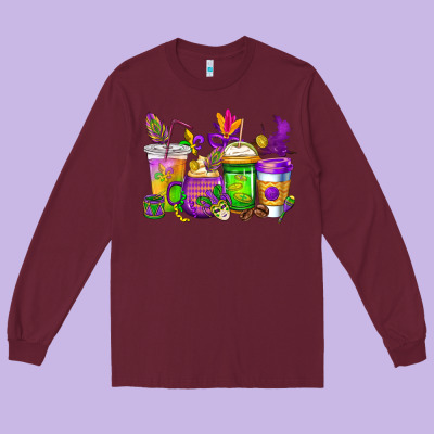 Mardi Gras Coffee Cups Cowgirl Long Sleeve Tee Designed By Cowgirlartshop