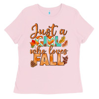 Bubblegum Pink just a girl who loves fall Ladies Tee - BundleAndBundleShop
