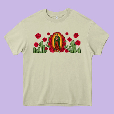 Lady Of Guadalupe Cactus Rose Heavy Core Tee Designed By Jahusdesignshop