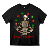 Black Merry Christmas skeleton Heavy Core Tee - NancyCooperArtShop