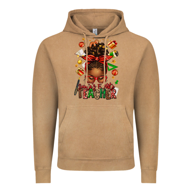 Santa's Favorite Teacher Afro Messy Bun Vintage Hoodie by texasbilliewilder | Teevron