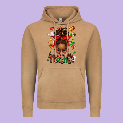 Santa's Favorite Teacher Afro Messy Bun Vintage Hoodie Designed By Texasbilliewilder
