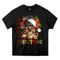 Black Merry Christmas skeleton messy bun Heavy Core Tee - NancyCooperArtShop