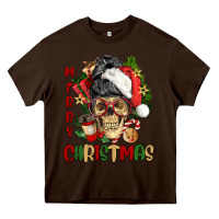Merry Christmas Skeleton Messy Bun Heavy Core Tee | Teevron