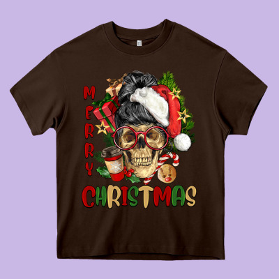 Merry Christmas Skeleton Messy Bun Heavy Core Tee Designed By Nancycooperartshop