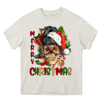 Cream Merry Christmas skeleton messy bun Heavy Core Tee - NancyCooperArtShop