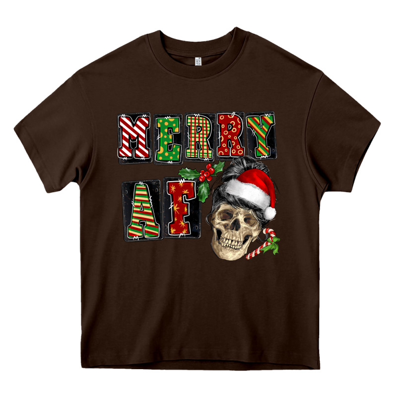 Merry Af Skeleton Messy Bun Heavy Core Tee by NancyCooperArtShop | Teevron