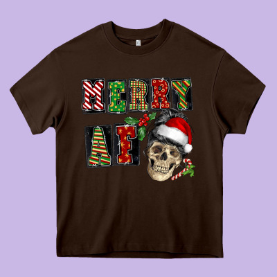 Merry Af Skeleton Messy Bun Heavy Core Tee Designed By Nancycooperartshop