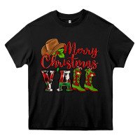 Black Merry Christmas Y'all Cowboy Heavy Core Tee - MaliasSmallBusiness