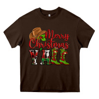 Chocolate Brown Merry Christmas Y'all Cowboy Heavy Core Tee - MaliasSmallBusiness