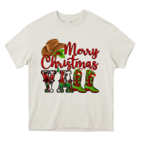 Cream Merry Christmas Y'all Cowboy Heavy Core Tee - MaliasSmallBusiness