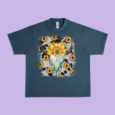 Cowhide Sunflower Gemstone Bull Skull Urban Heavy Tee Designed By Jahusdesignshop