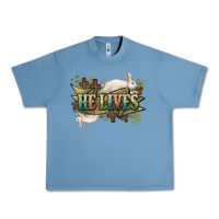 Pebble Blue He lives Easter Urban Heavy Tee - NancyCooperArtShop