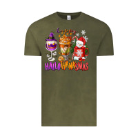 Vintage Olive Happy Hallothanksmas wine glass and coffee Vintage Tee - NancyCooperArtShop
