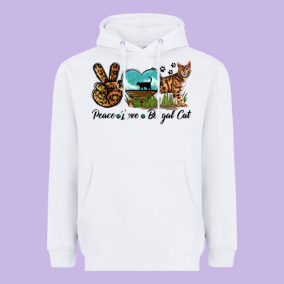 Peace Love Bengal Cat Heavyweight Hoodie Designed By Lillyallendesigns