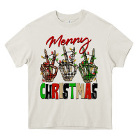 Cream Merry Christmas skeleton hands Heavy Core Tee - NancyCooperArtShop