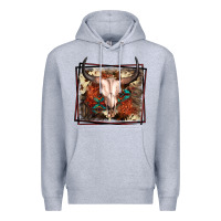 Heather Grey Western Bull Skull Premium Hoodie - FaDigitalArtStudio