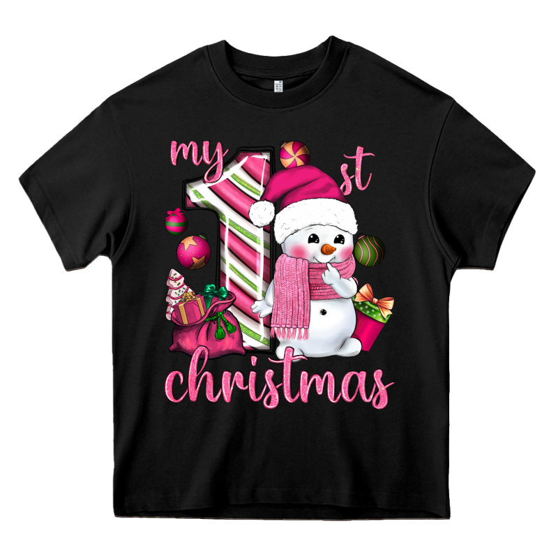 My 1st. Pink Christmas With Cute Snowman Heavy Core Tee by NancyCooperArtShop | Teevron