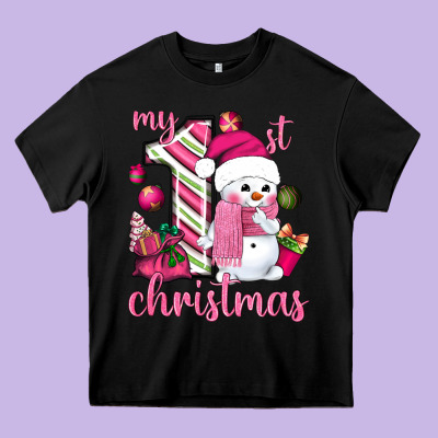 My 1st. Pink Christmas With Cute Snowman Heavy Core Tee Designed By Nancycooperartshop