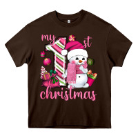 Chocolate Brown My 1st. pink Christmas with cute snowman Heavy Core Tee - NancyCooperArtShop