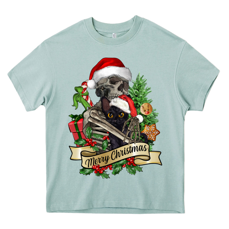 Merry Christmas Skeleton With Black Cat Heavy Core Tee by NancyCooperArtShop | Teevron