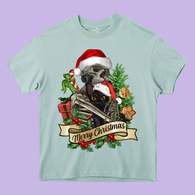 Merry Christmas Skeleton With Black Cat Heavy Core Tee Designed By Nancycooperartshop