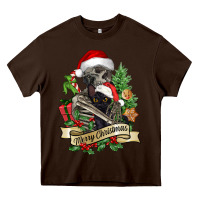 Chocolate Brown Merry Christmas skeleton with black cat Heavy Core Tee - NancyCooperArtShop
