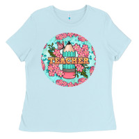 Baby Blue teacher floral pencil round earring Ladies Tee - BundleAndBundleShop