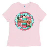 Bubblegum Pink teacher floral pencil round earring Ladies Tee - BundleAndBundleShop