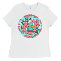 White teacher floral pencil round earring Ladies Tee - BundleAndBundleShop