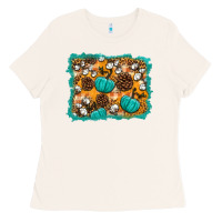 Bone fall pumpkin distressed background Ladies Tee - BundleAndBundleShop
