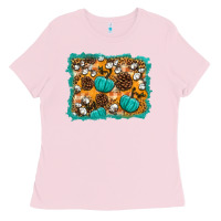 Bubblegum Pink fall pumpkin distressed background Ladies Tee - BundleAndBundleShop