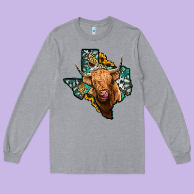 Texas Map Highland Cow Long Sleeve Tee Designed By Jasminsmagicworld