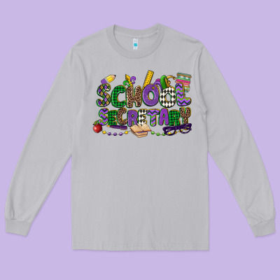 School Secretary Mardi Gras Long Sleeve Tee Designed By Cowgirlartshop
